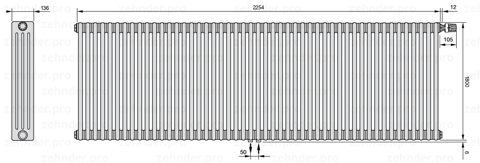 Схема (чертеж) Радиатор Zehnder Charleston 4180/49 №V008 Белый глянцевый RAL 9016